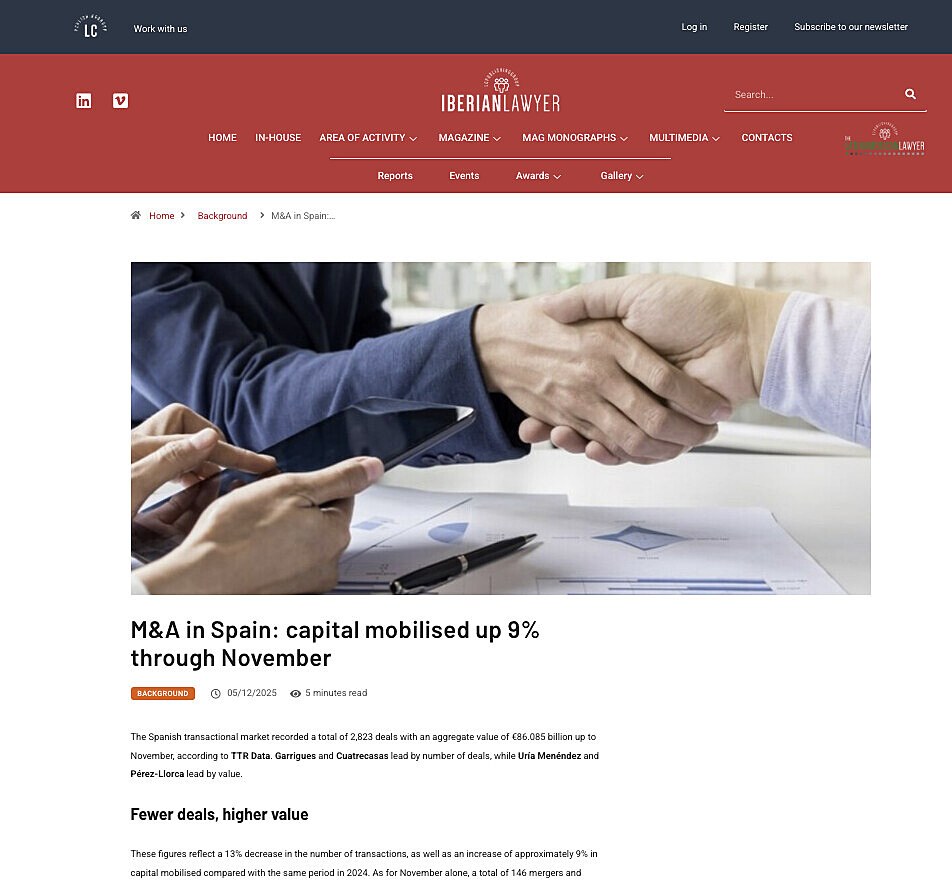 M&A in Spain: capital mobilised up 9% through November